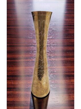 Vintage Solid Brass Handcrafted in India Floral Etched Vase.